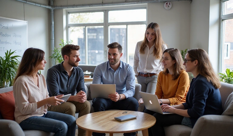 Team members collaborating in office lounge area