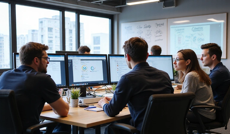 Team collaborating in modern office space