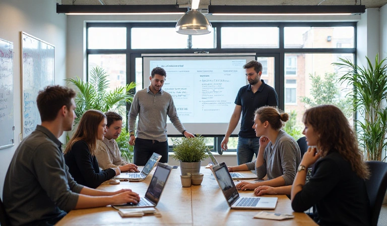 Team members collaborating in modern office space