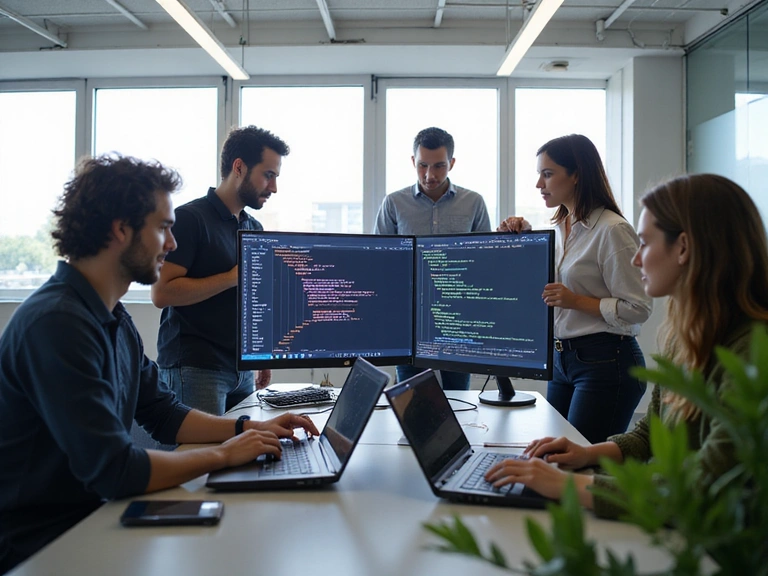 Team of developers working collaboratively in modern office